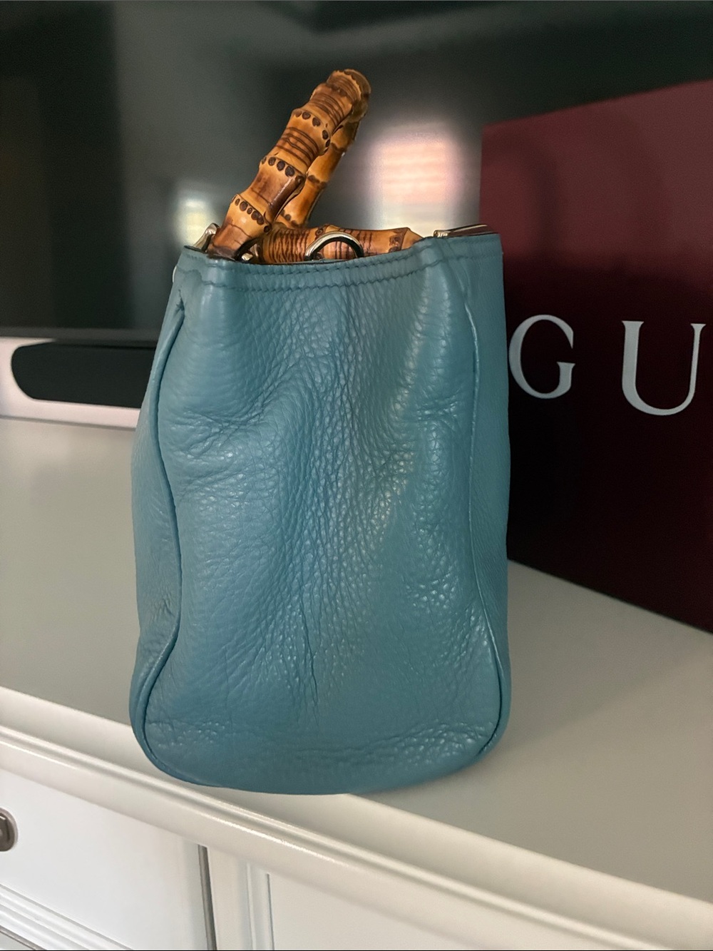 Gucci Light Blue Pebbled Leather Satchel with Bamboo Handles - Picture 4 of 16